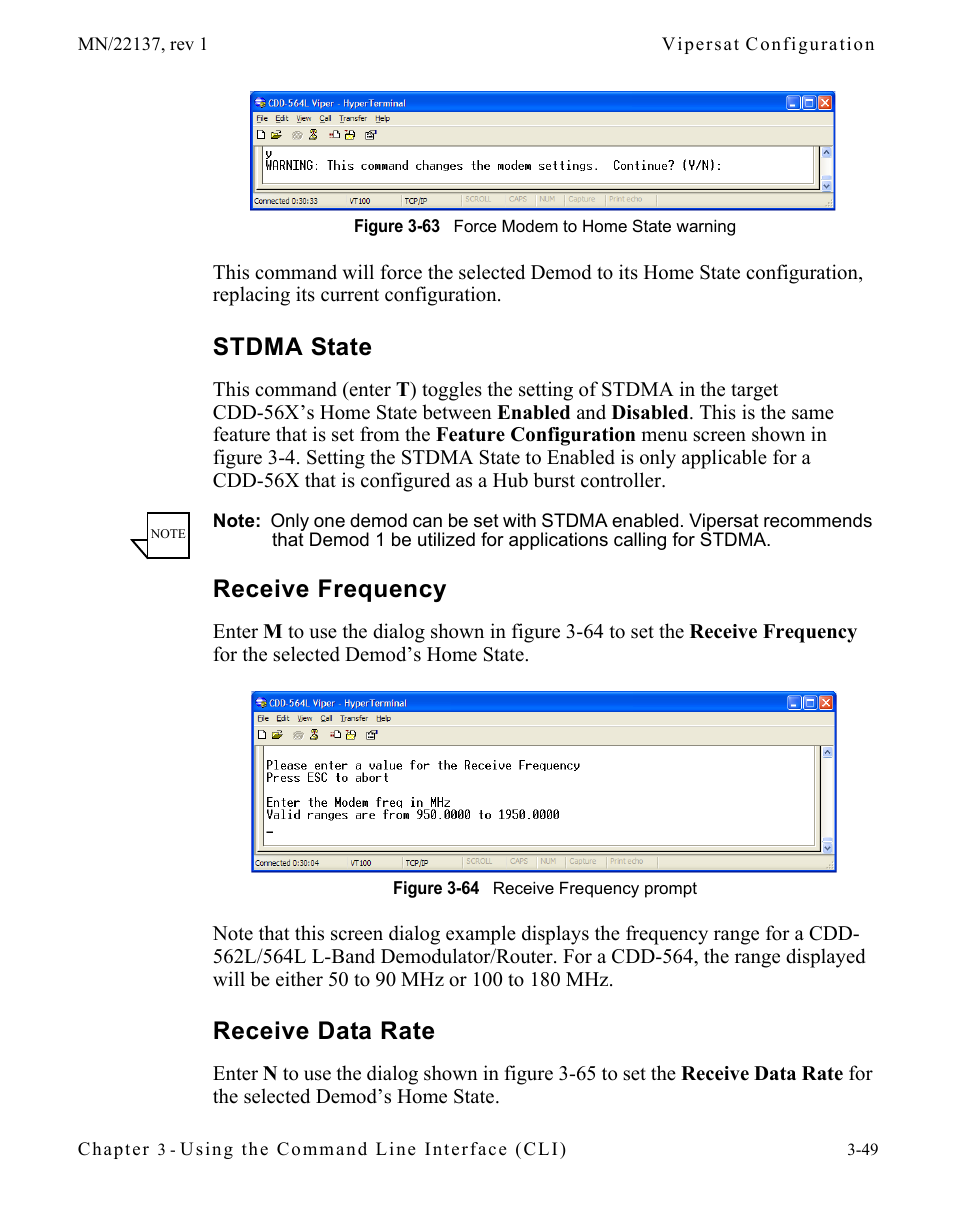 Stdma state, Receive frequency, Receive data rate | Figure 3-63 force modem to home state warning, Figure 3-64 receive frequency prompt | Comtech EF Data CDD-56X Series Vipersat User Manual | Page 83 / 176
