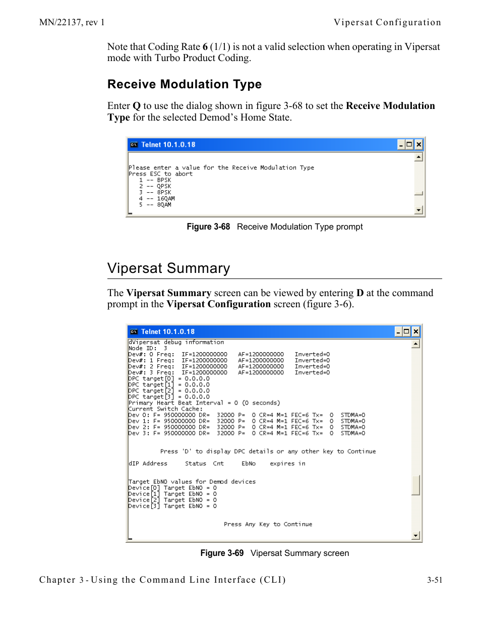 Receive modulation type, Vipersat summary, Receive modulation type -51 | Vipersat summary -51, Figure 3-68 receive modulation type prompt, Figure 3-69 vipersat summary screen | Comtech EF Data CDD-56X Series Vipersat User Manual | Page 85 / 176