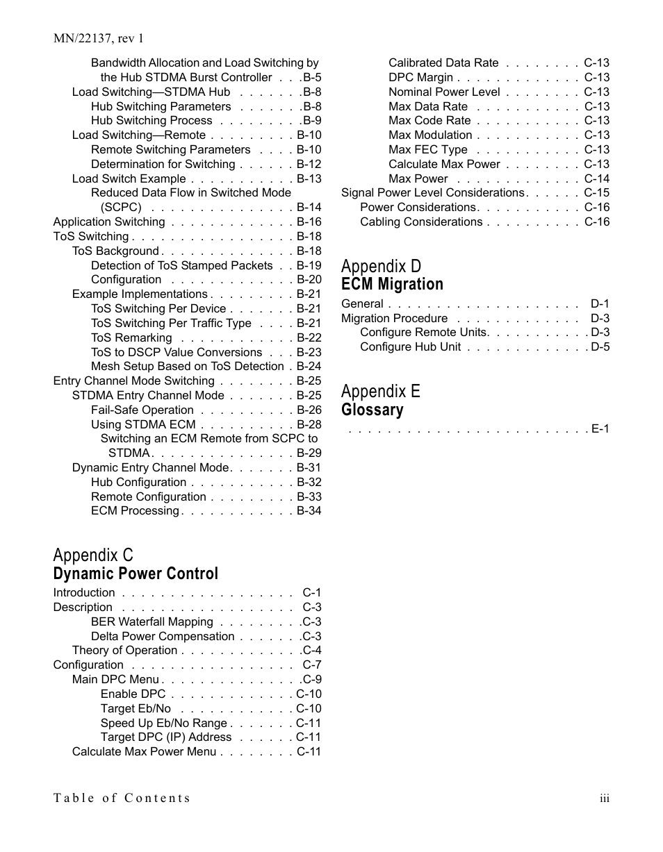 Appendix c, Appendix d, Appendix e | Dynamic power control, Ecm migration, Glossary | Comtech EF Data CDD-56X Series Vipersat User Manual | Page 9 / 176