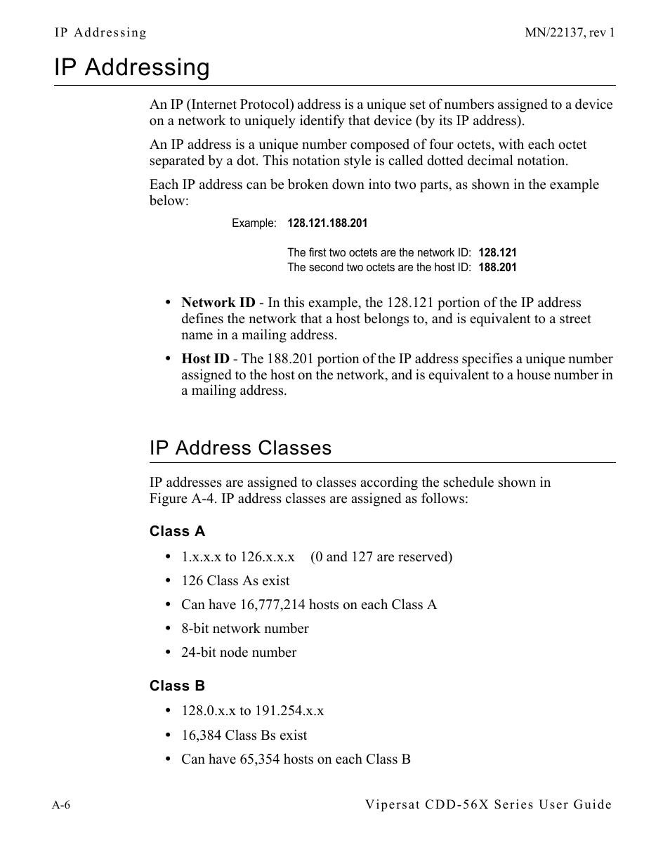 Ip addressing, Ip address classes, Class a | Class b, Ip address classes . . . . . . . . . . . . . a-6 | Comtech EF Data CDD-56X Series Vipersat User Manual | Page 94 / 176