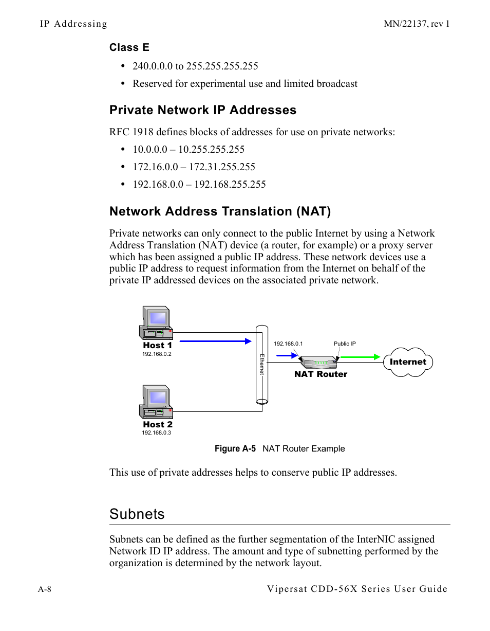 Class e, Private network ip addresses, Network address translation (nat) | Subnets, Class e . . . . . . . . . . . . . . . . a-8, Subnets . . . . . . . . . . . . . . . . . . . a-8, Figure a-5 nat router example | Comtech EF Data CDD-56X Series Vipersat User Manual | Page 96 / 176