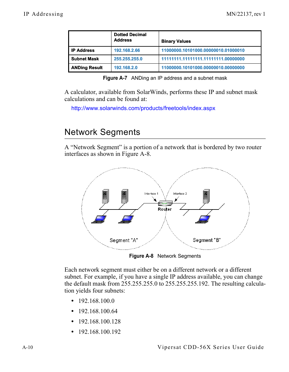 Network segments, Network segments . . . . . . . . . . . . a-10, Figure a-7 anding an ip address and a subnet | Mask, Figure a-8 network segments | Comtech EF Data CDD-56X Series Vipersat User Manual | Page 98 / 176