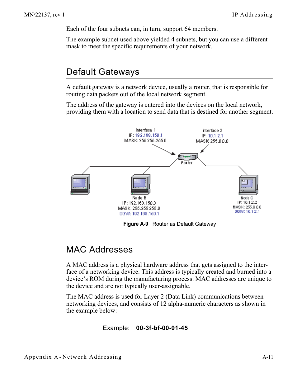 Default gateways, Mac addresses, Figure a-9 router as default gateway | Comtech EF Data CDD-56X Series Vipersat User Manual | Page 99 / 176