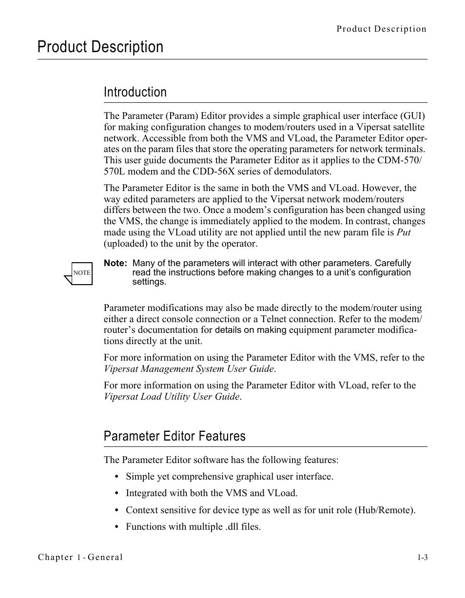 Product description, Introduction, Parameter editor features | Product description -3, Introduction -3 parameter editor features -3 | Comtech EF Data CDM-570/L Vipersat Parameter Editor User Manual | Page 15 / 96