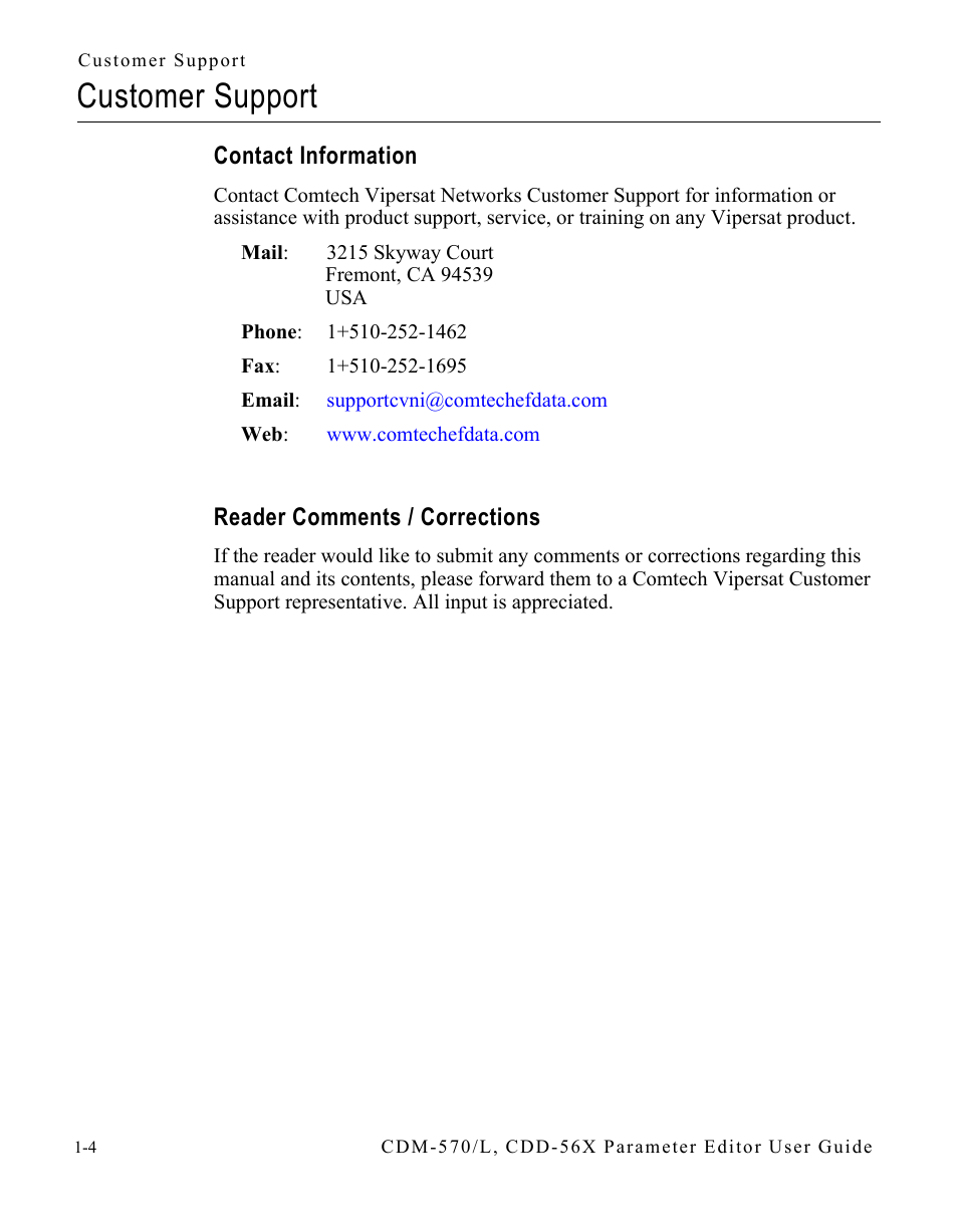 Customer support, Contact information, Reader comments / corrections | Customer support -4 | Comtech EF Data CDM-570/L Vipersat Parameter Editor User Manual | Page 16 / 96