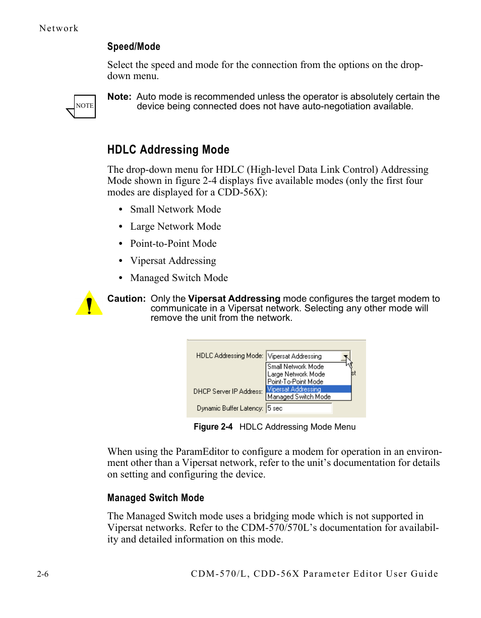 Speed/mode, Hdlc addressing mode, Managed switch mode | Hdlc addressing mode -6, Figure 2-4 hdlc addressing mode menu -6 | Comtech EF Data CDM-570/L Vipersat Parameter Editor User Manual | Page 22 / 96