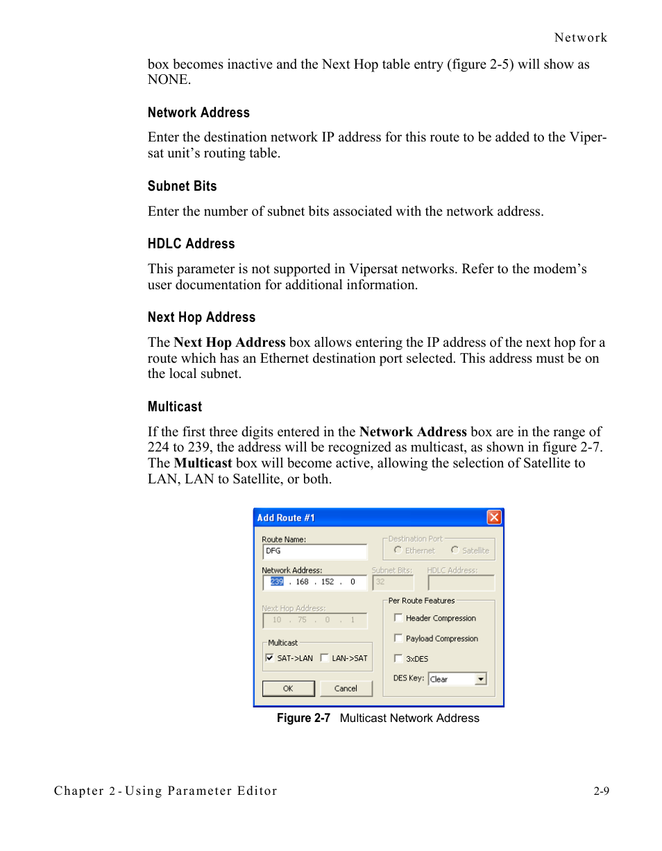 Network address, Subnet bits, Hdlc address | Next hop address, Multicast, Figure 2-7 multicast network address -9 | Comtech EF Data CDM-570/L Vipersat Parameter Editor User Manual | Page 25 / 96
