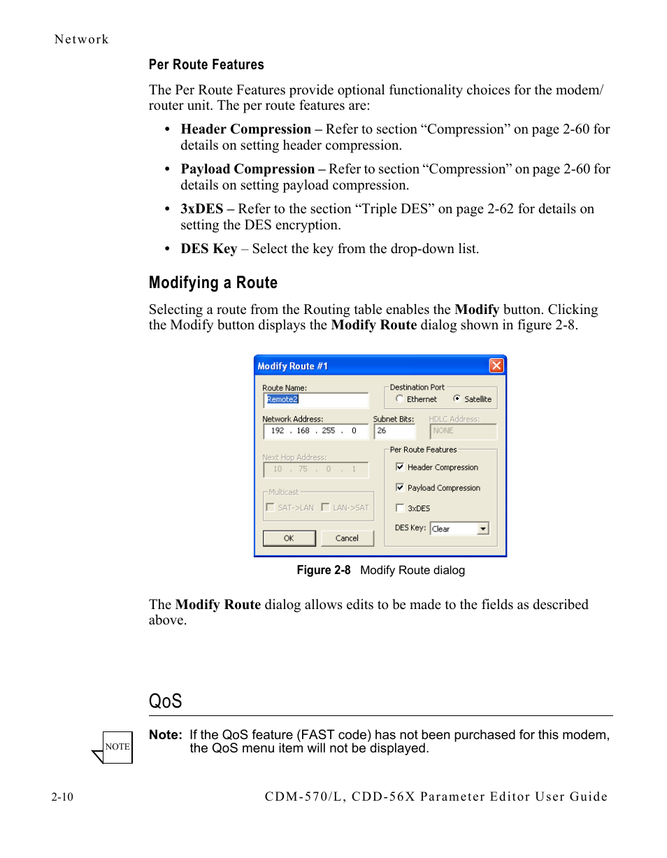 Per route features, Modifying a route, Modifying a route -10 | Qos -10, Figure 2-8 modify route dialog -10 | Comtech EF Data CDM-570/L Vipersat Parameter Editor User Manual | Page 26 / 96