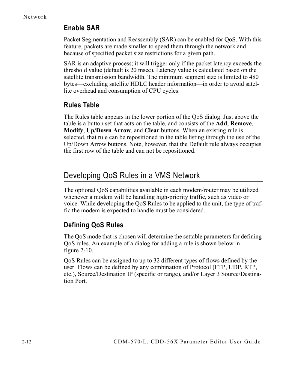 Enable sar, Rules table, Developing qos rules in a vms network | Defining qos rules, Enable sar -12 rules table -12, Developing qos rules in a vms network 2-12, Defining qos rules -12 | Comtech EF Data CDM-570/L Vipersat Parameter Editor User Manual | Page 28 / 96