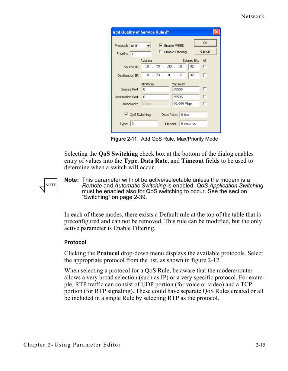 Protocol, Figure 2-11 add qos rule, max/priority mode 2-15 | Comtech EF Data CDM-570/L Vipersat Parameter Editor User Manual | Page 31 / 96