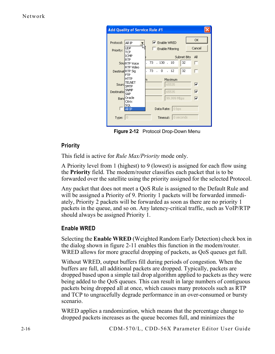 Priority, Enable wred, Figure 2-12 protocol drop-down menu -16 | Comtech EF Data CDM-570/L Vipersat Parameter Editor User Manual | Page 32 / 96