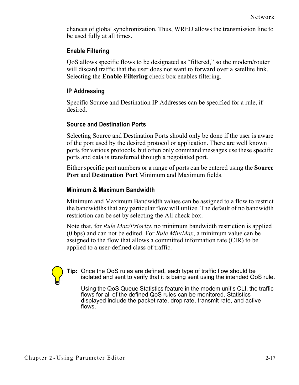 Enable filtering, Ip addressing, Source and destination ports | Minimum & maximum bandwidth | Comtech EF Data CDM-570/L Vipersat Parameter Editor User Manual | Page 33 / 96