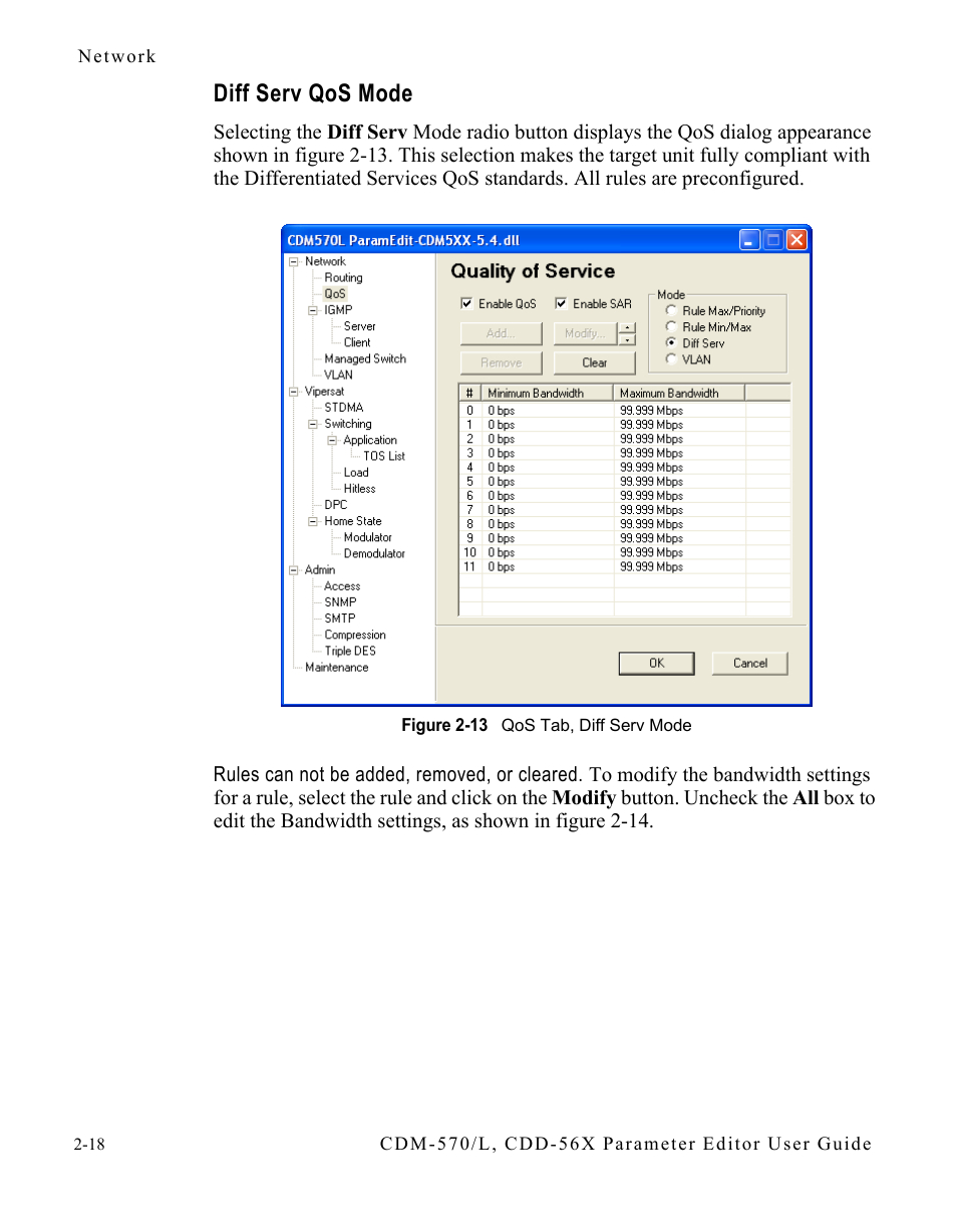 Diff serv qos mode, Diff serv qos mode -18, Figure 2-13 qos tab, diff serv mode -18 | Comtech EF Data CDM-570/L Vipersat Parameter Editor User Manual | Page 34 / 96