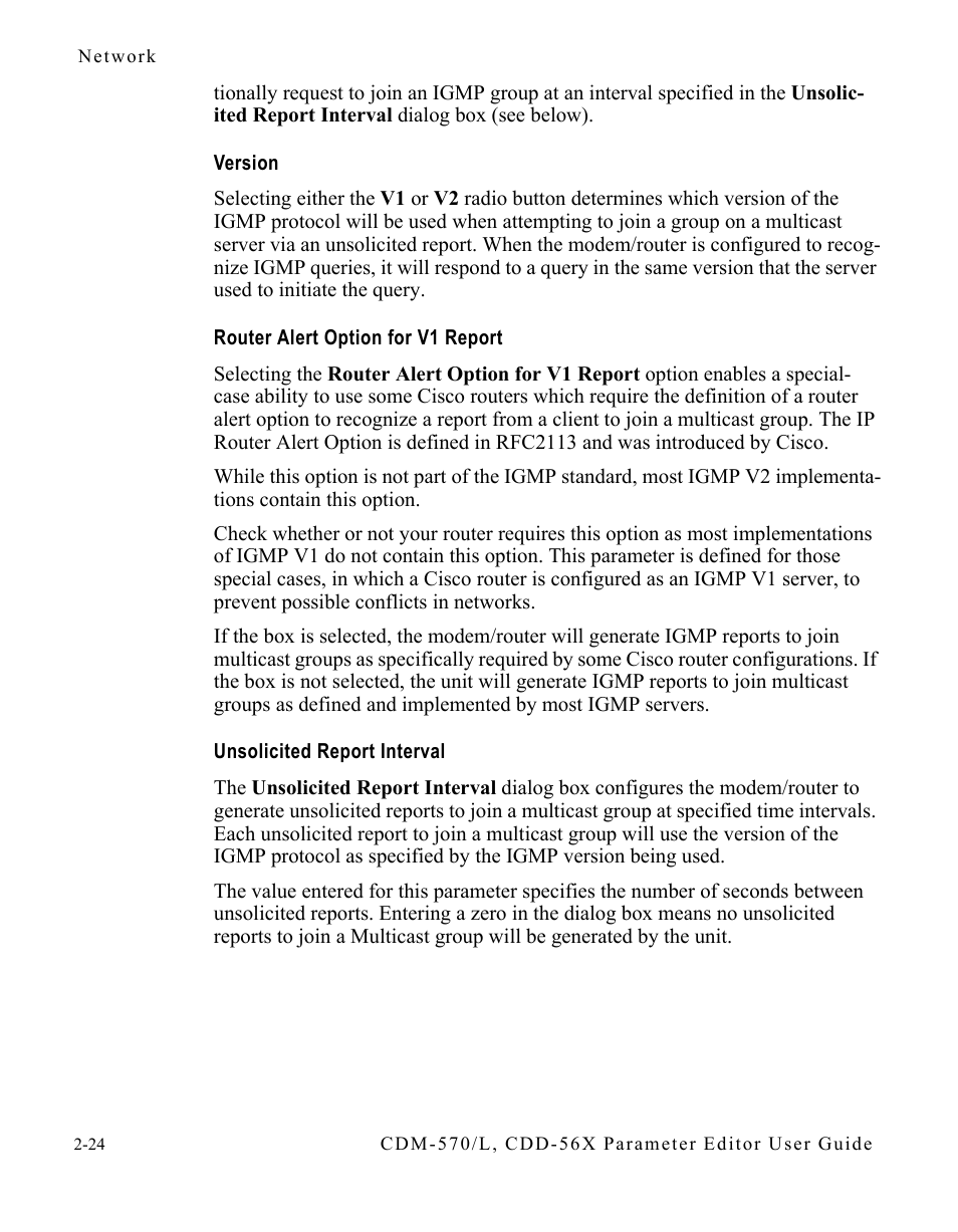 Version, Router alert option for v1 report, Unsolicited report interval | Comtech EF Data CDM-570/L Vipersat Parameter Editor User Manual | Page 40 / 96