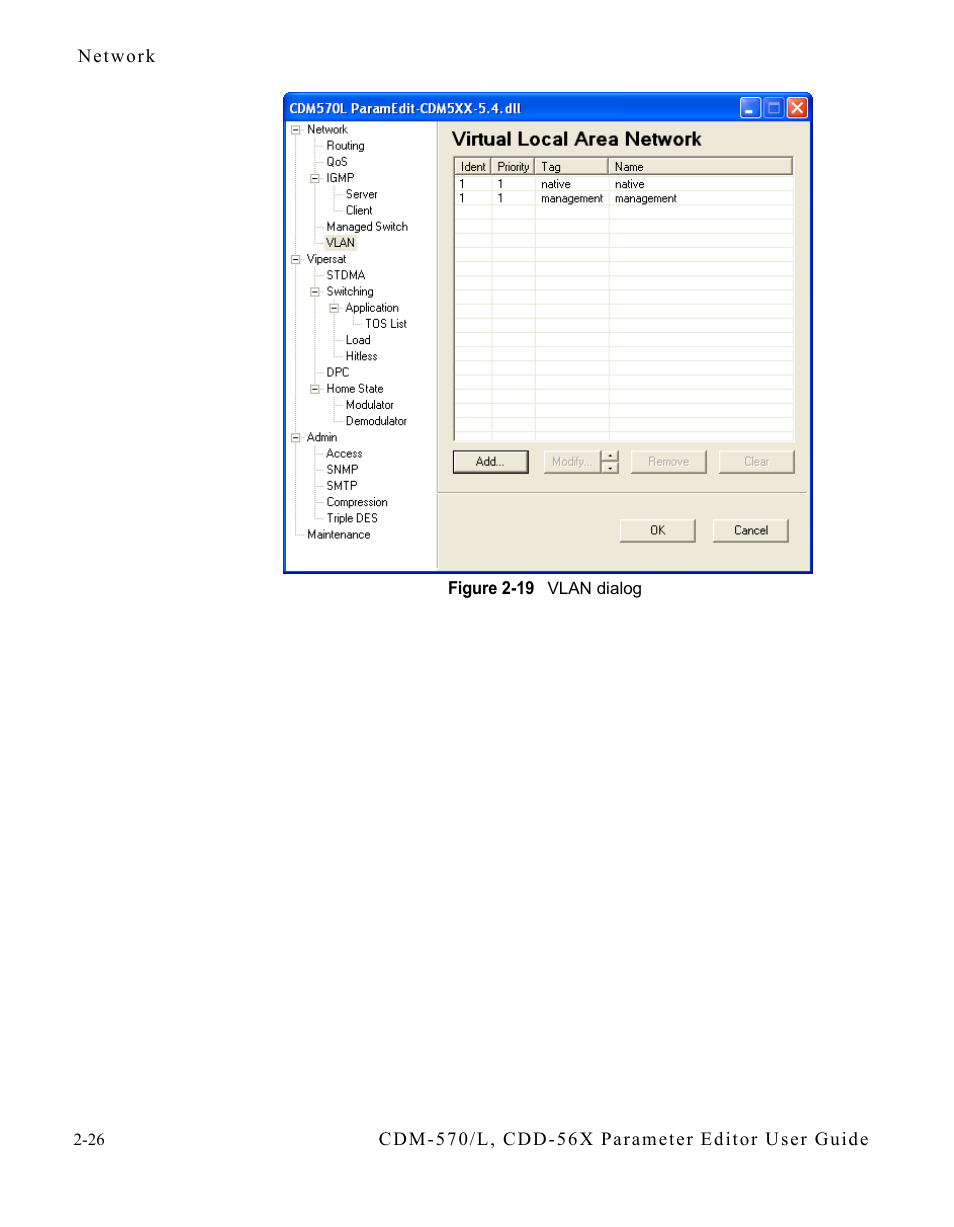 Figure 2-19 vlan dialog -26 | Comtech EF Data CDM-570/L Vipersat Parameter Editor User Manual | Page 42 / 96