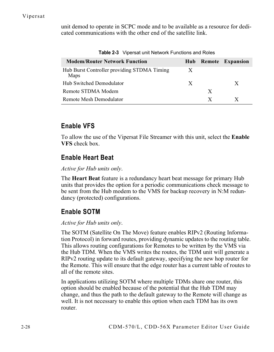 Enable vfs, Enable heart beat, Enable sotm | Table 2-3 vipersat unit network functions and, Roles | Comtech EF Data CDM-570/L Vipersat Parameter Editor User Manual | Page 44 / 96