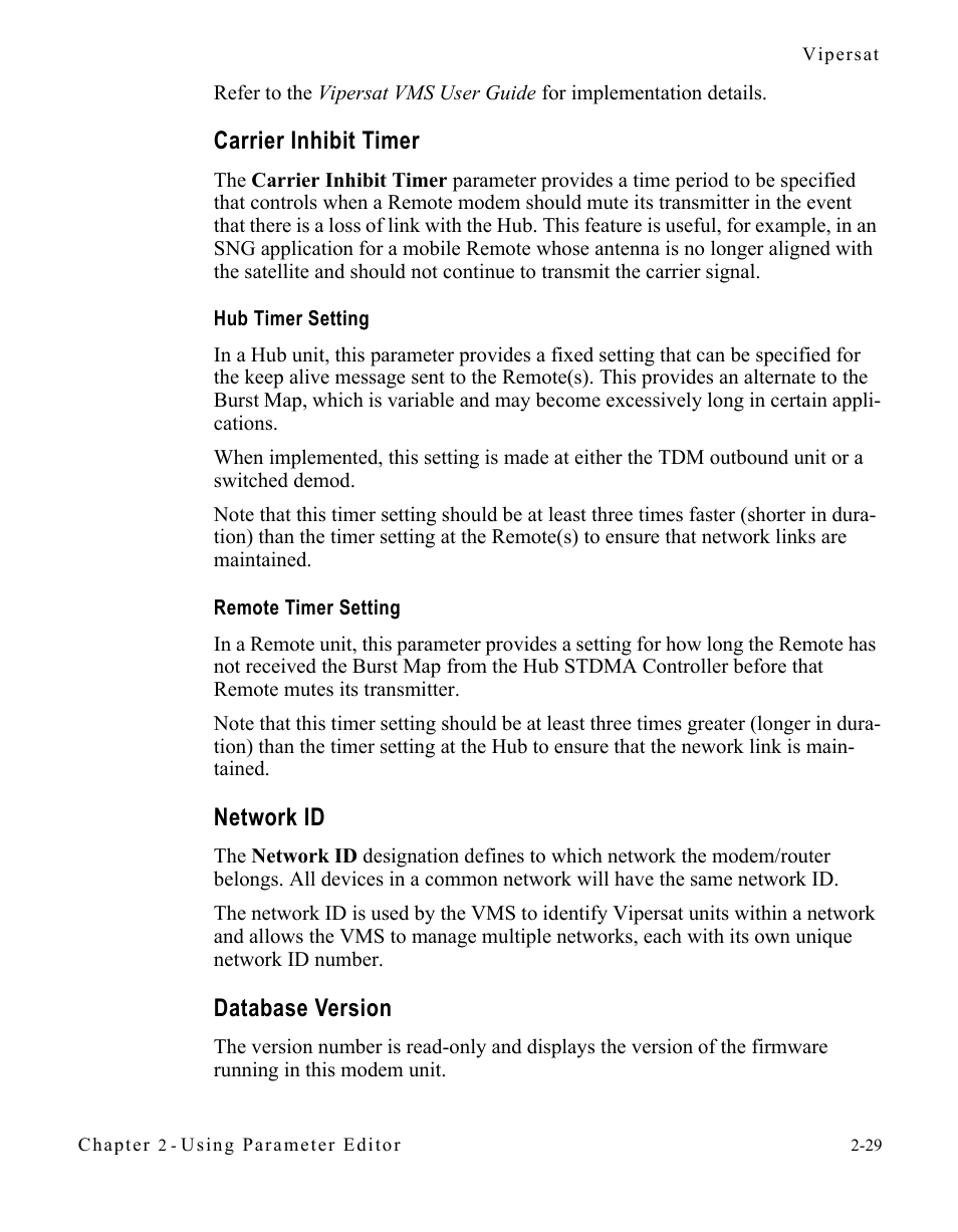 Carrier inhibit timer, Hub timer setting, Remote timer setting | Network id, Database version | Comtech EF Data CDM-570/L Vipersat Parameter Editor User Manual | Page 45 / 96