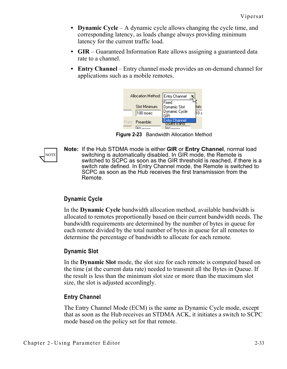 Dynamic cycle, Dynamic slot, Entry channel | Figure 2-23 bandwidth allocation method -33 | Comtech EF Data CDM-570/L Vipersat Parameter Editor User Manual | Page 49 / 96