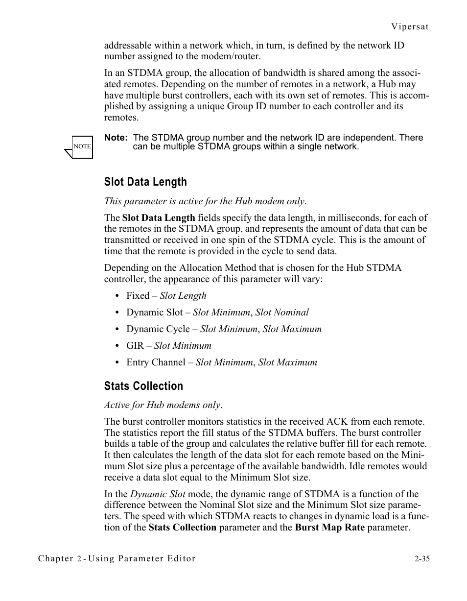 Slot data length, Stats collection, Slot data length -35 stats collection -35 | Comtech EF Data CDM-570/L Vipersat Parameter Editor User Manual | Page 51 / 96