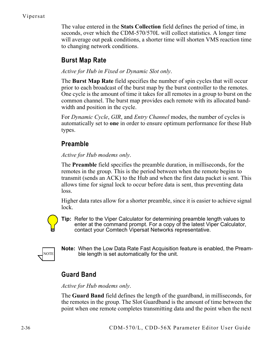 Burst map rate, Preamble, Guard band | Burst map rate -36 preamble -36 guard band -36 | Comtech EF Data CDM-570/L Vipersat Parameter Editor User Manual | Page 52 / 96