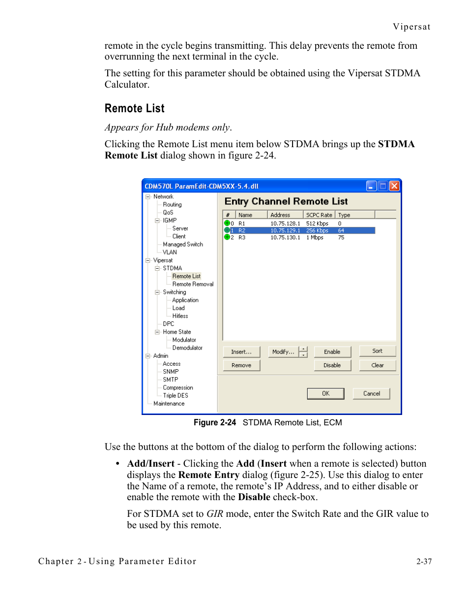 Remote list, Remote list -37, Figure 2-24 stdma remote list, ecm -37 | Comtech EF Data CDM-570/L Vipersat Parameter Editor User Manual | Page 53 / 96