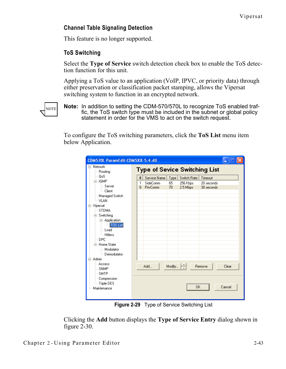 Channel table signaling detection, Tos switching, Figure 2-29 type of service switching list -43 | Comtech EF Data CDM-570/L Vipersat Parameter Editor User Manual | Page 59 / 96