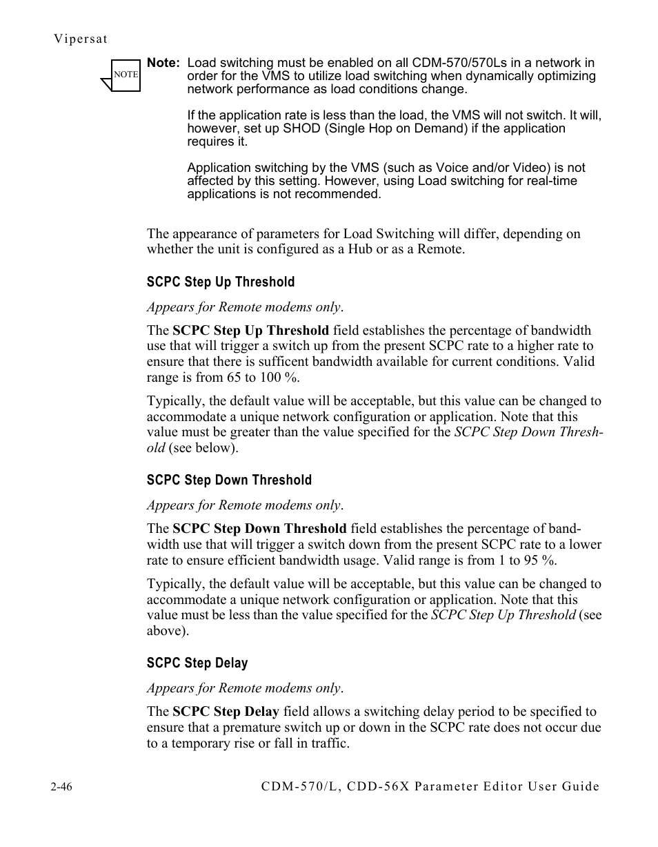 Scpc step up threshold, Scpc step down threshold, Scpc step delay | Comtech EF Data CDM-570/L Vipersat Parameter Editor User Manual | Page 62 / 96