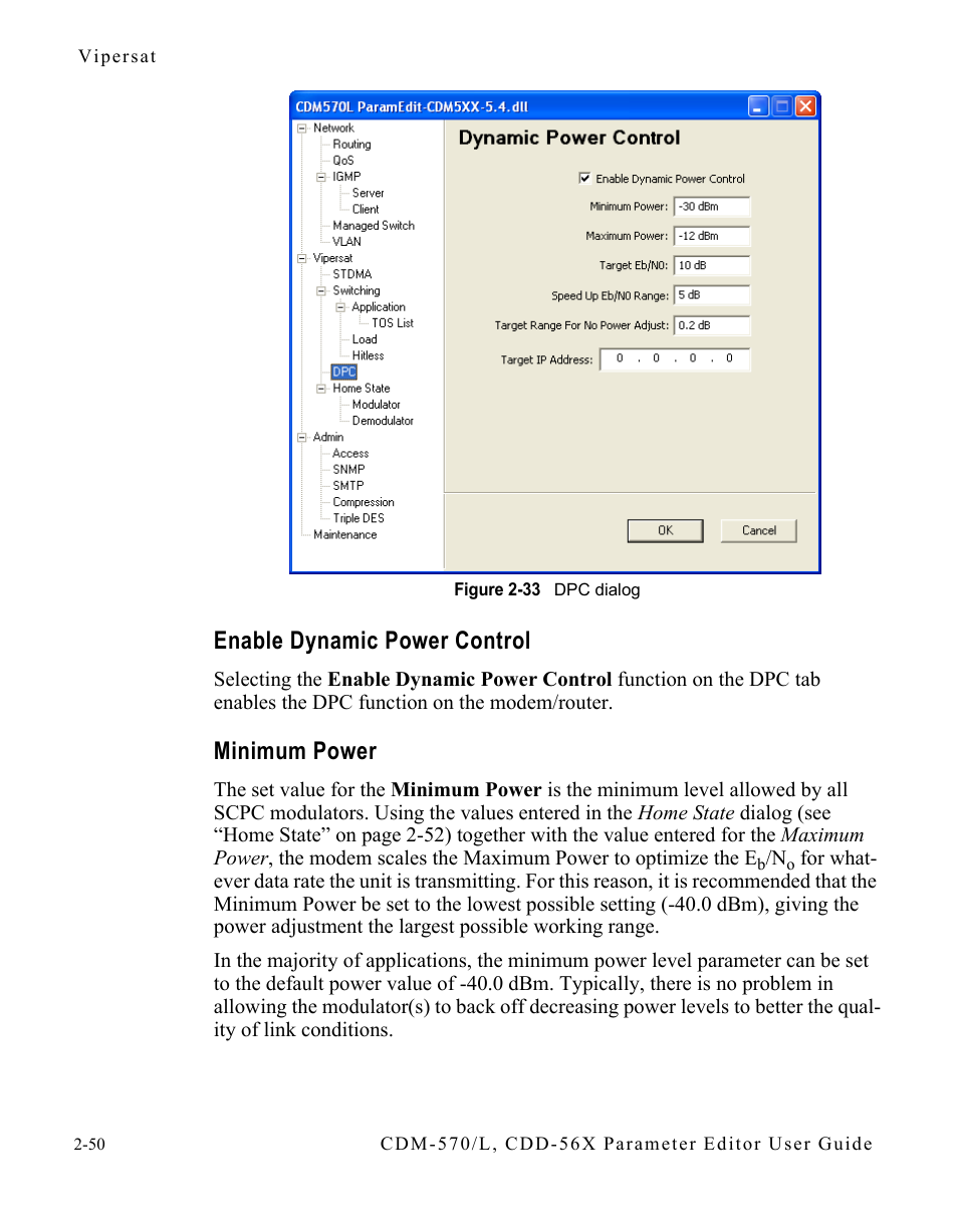 Enable dynamic power control, Minimum power, Enable dynamic power control -50 minimum power -50 | Figure 2-33 dpc dialog -50 | Comtech EF Data CDM-570/L Vipersat Parameter Editor User Manual | Page 66 / 96