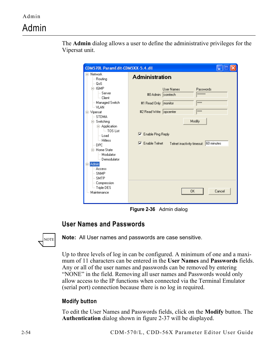 Admin, User names and passwords, Modify button | Admin -54, User names and passwords -54, Figure 2-36 admin dialog -54 | Comtech EF Data CDM-570/L Vipersat Parameter Editor User Manual | Page 70 / 96