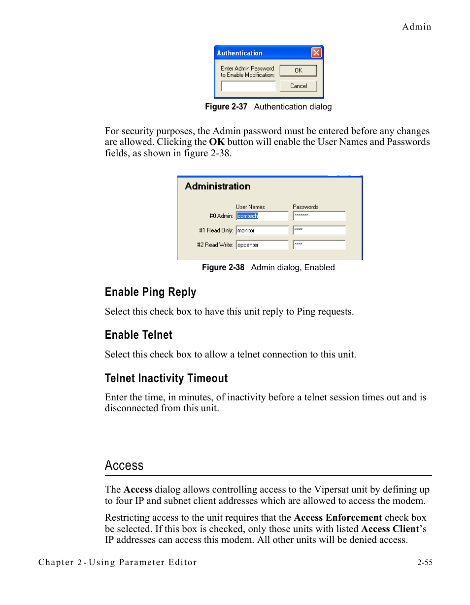 Enable ping reply, Enable telnet, Telnet inactivity timeout | Access, Enable ping reply -55 enable telnet -55, Telnet inactivity timeout -55, Access -55 | Comtech EF Data CDM-570/L Vipersat Parameter Editor User Manual | Page 71 / 96