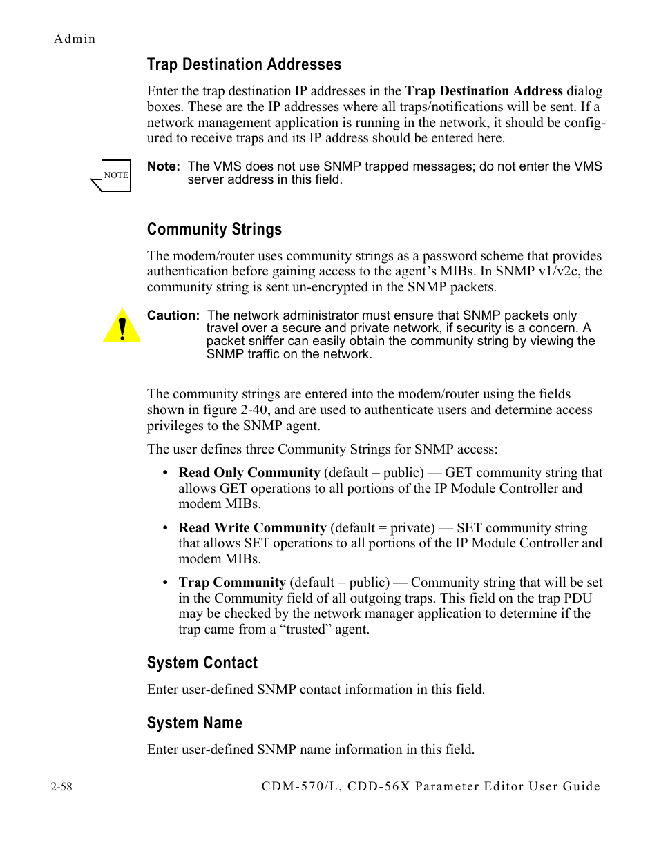 Trap destination addresses, Community strings, System contact | System name | Comtech EF Data CDM-570/L Vipersat Parameter Editor User Manual | Page 74 / 96