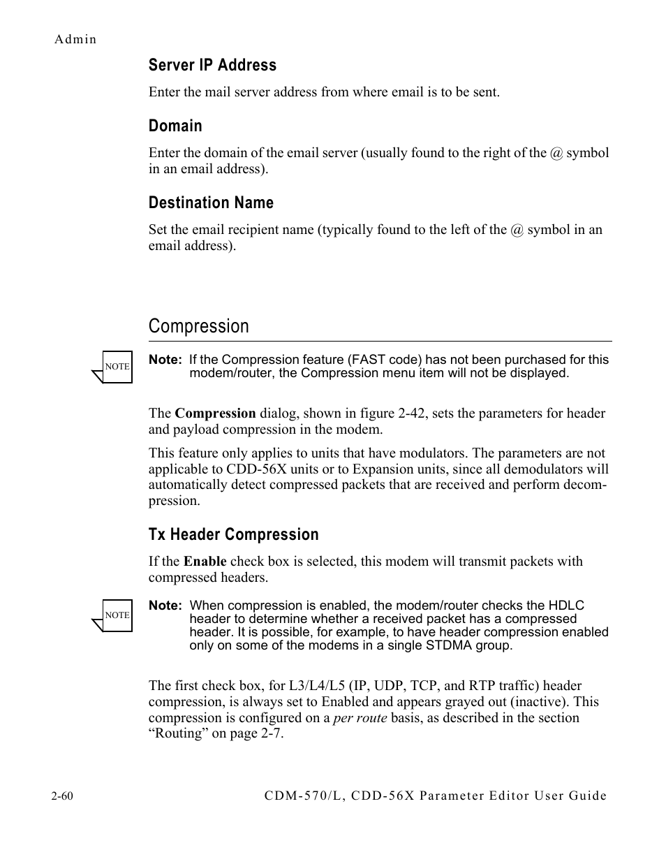 Server ip address, Domain, Destination name | Compression, Tx header compression, Compression -60, Tx header compression -60 | Comtech EF Data CDM-570/L Vipersat Parameter Editor User Manual | Page 76 / 96