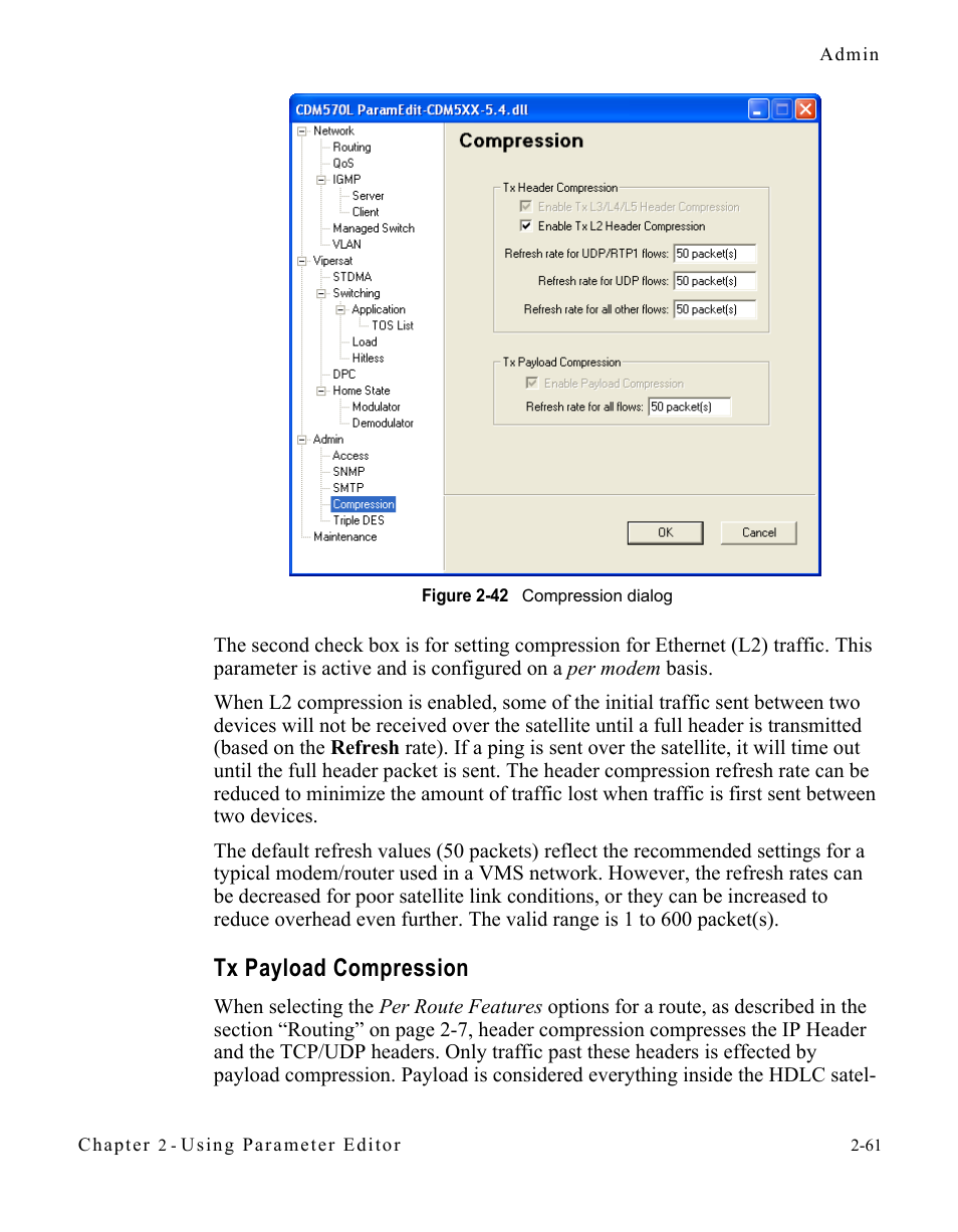 Tx payload compression, Tx payload compression -61, Figure 2-42 compression dialog -61 | Comtech EF Data CDM-570/L Vipersat Parameter Editor User Manual | Page 77 / 96