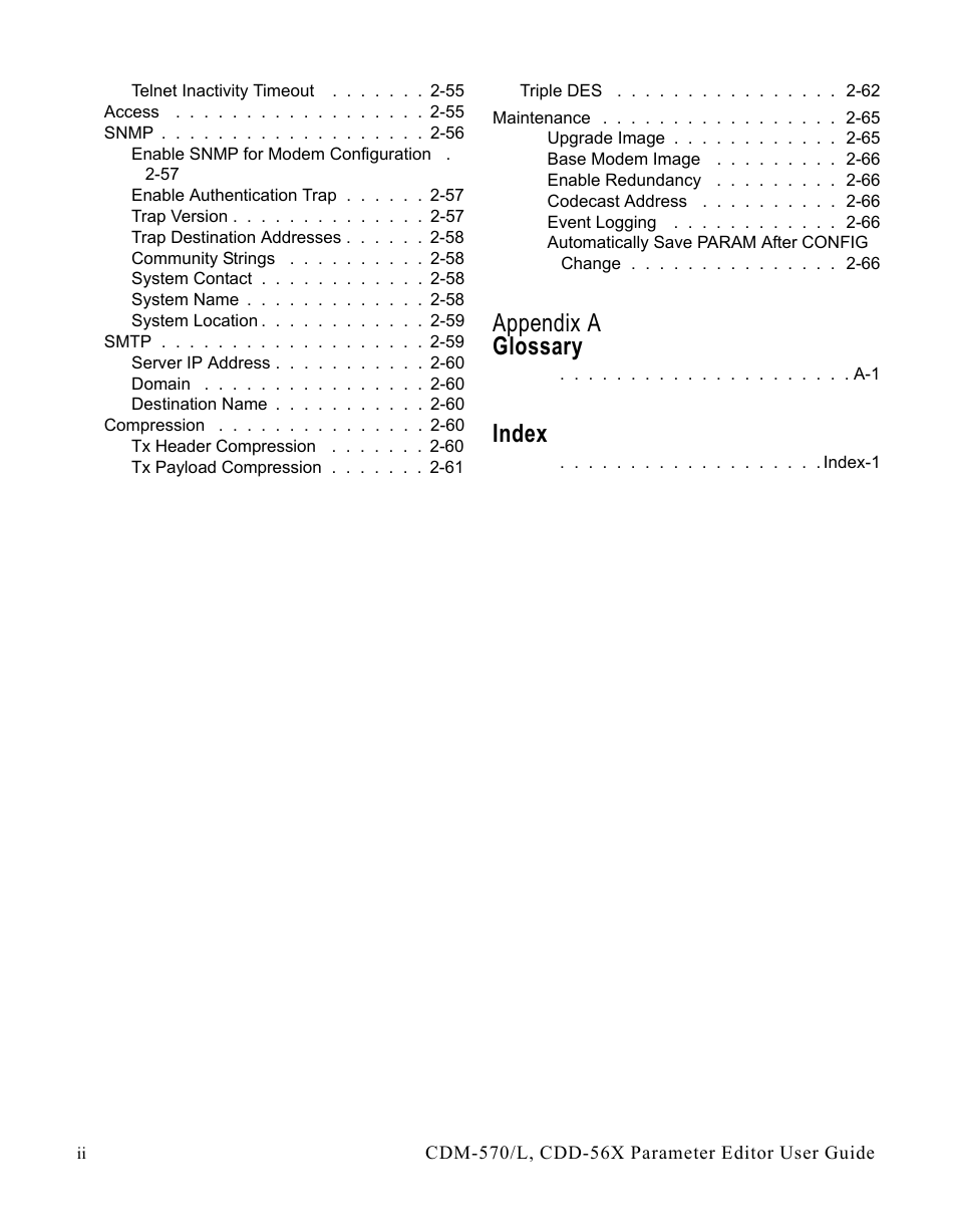 Appendix a glossary, Index | Comtech EF Data CDM-570/L Vipersat Parameter Editor User Manual | Page 8 / 96