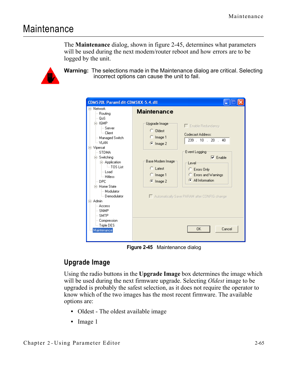 Maintenance, Upgrade image, Maintenance -65 | Upgrade image -65, Figure 2-45 maintenance dialog -65 | Comtech EF Data CDM-570/L Vipersat Parameter Editor User Manual | Page 81 / 96