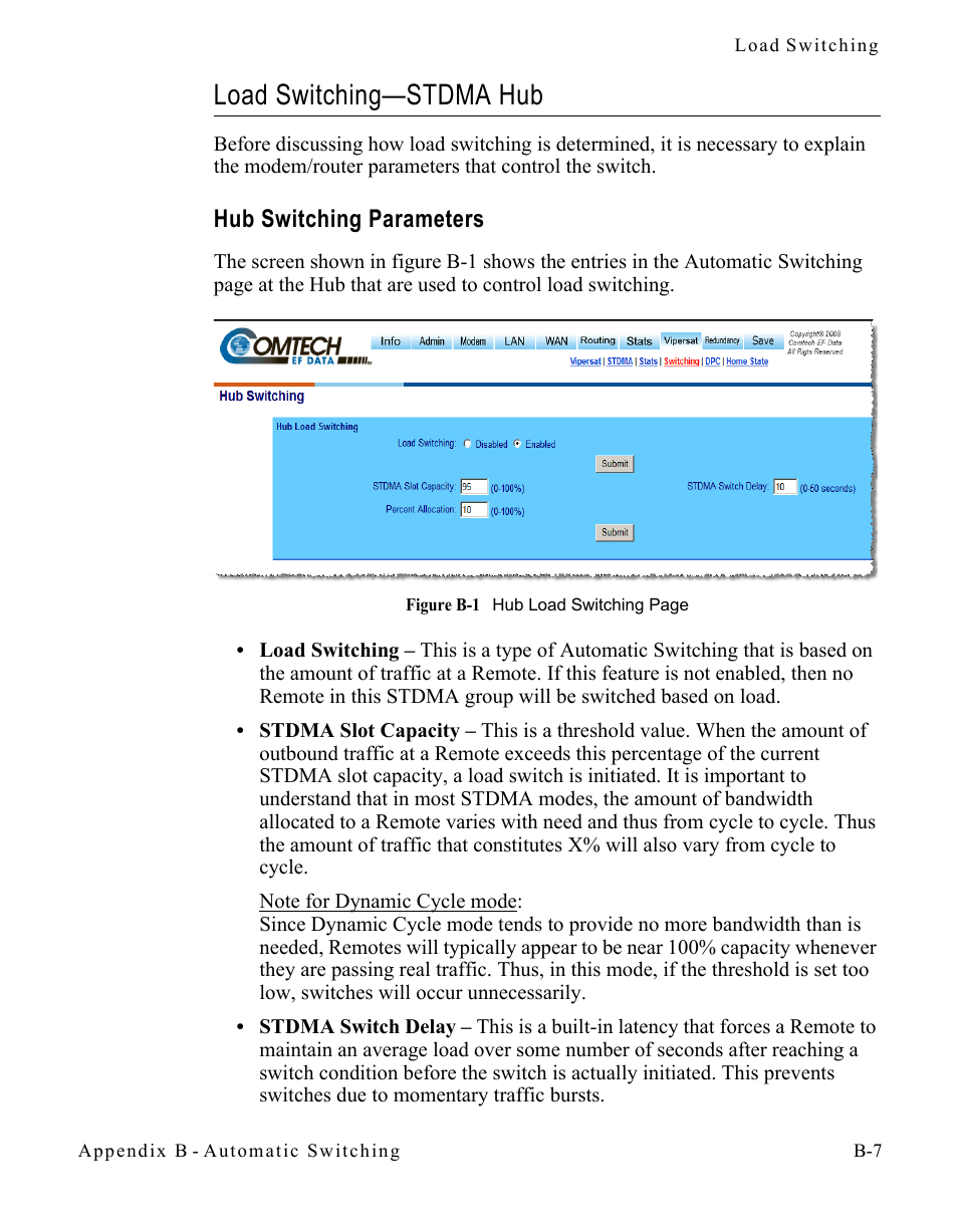 Load switching—stdma hub, Hub switching parameters, Load switching—stdma hub . . . . . . . b-7 | Hub switching parameters . . . . . . . b-7 | Comtech EF Data SLM-5650A
 Vipersat User Manual | Page 105 / 154