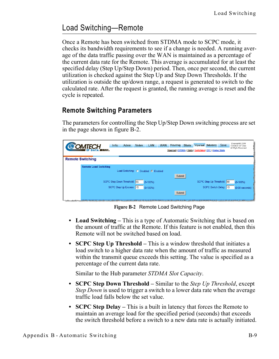 Load switching—remote, Remote switching parameters, Load switching—remote . . . . . . . . . . b-9 | Remote switching parameters . . . . . b-9 | Comtech EF Data SLM-5650A
 Vipersat User Manual | Page 107 / 154