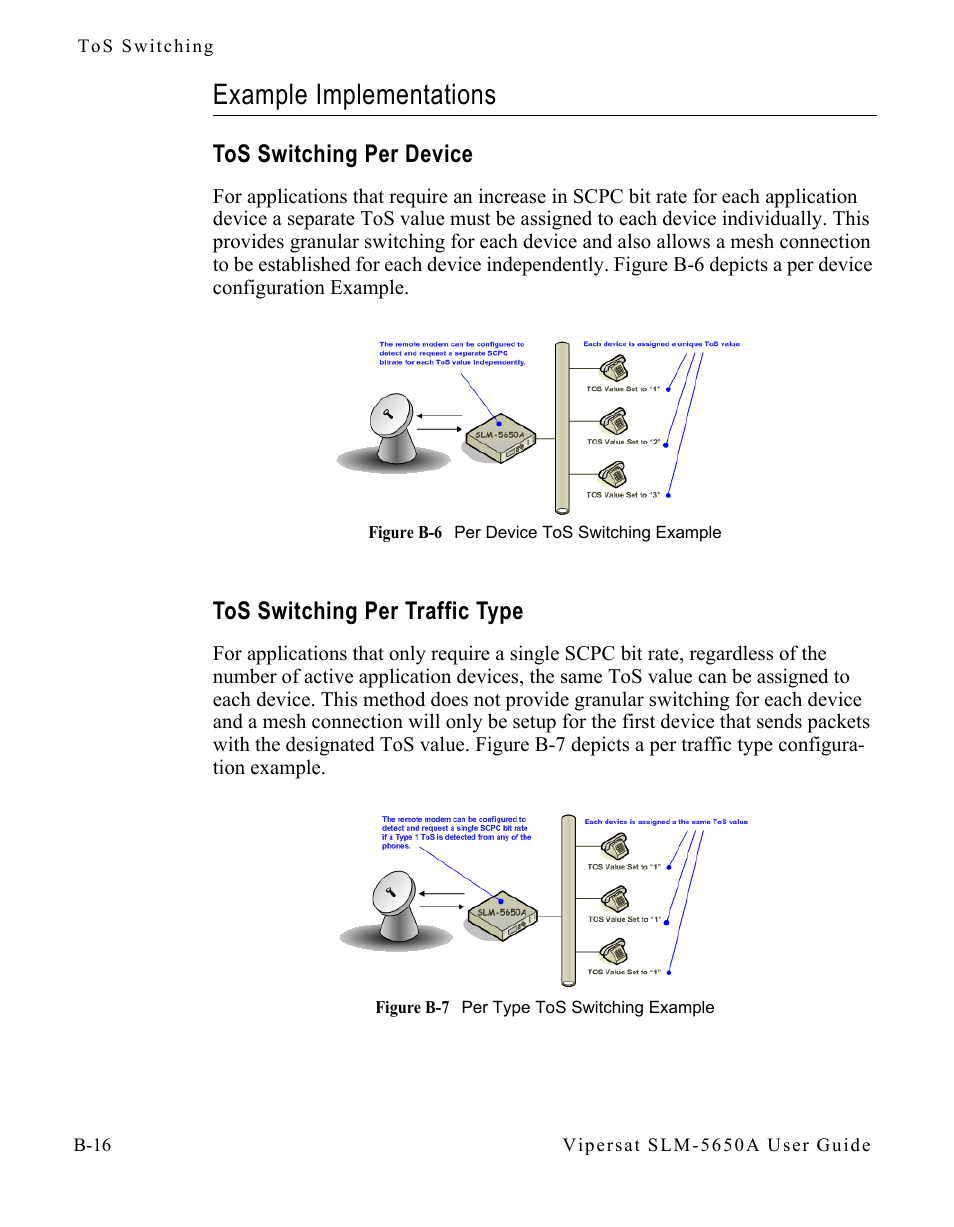 Example implementations, Tos switching per device, Tos switching per traffic type | Example implementations . . . . . . . . . b-16, Figure b-6 per device tos switching example, Figure b-7 per type tos switching example | Comtech EF Data SLM-5650A
 Vipersat User Manual | Page 114 / 154