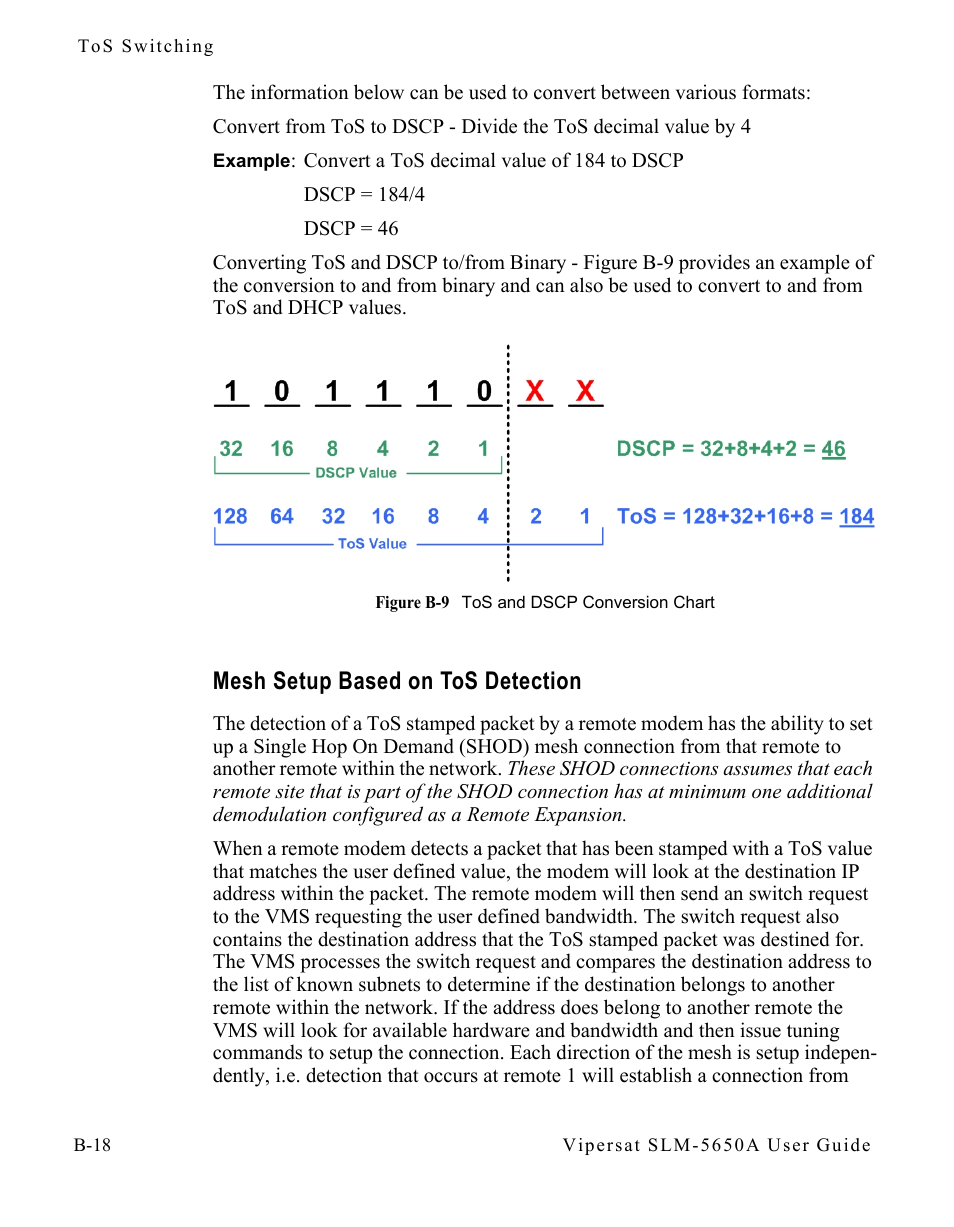 Mesh setup based on tos detection, Mesh setup based on tos detection . b-18, Figure b-9 tos and dscp conversion chart | Comtech EF Data SLM-5650A
 Vipersat User Manual | Page 116 / 154