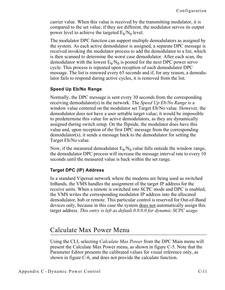 Speed up eb/no range, Target dpc (ip) address, Calculate max power menu | Calculate max power menu. . . . . . . . c-11 | Comtech EF Data SLM-5650A
 Vipersat User Manual | Page 131 / 154