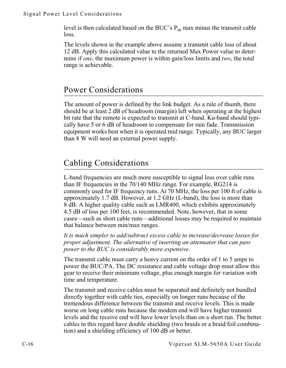 Power considerations, Cabling considerations | Comtech EF Data SLM-5650A
 Vipersat User Manual | Page 136 / 154