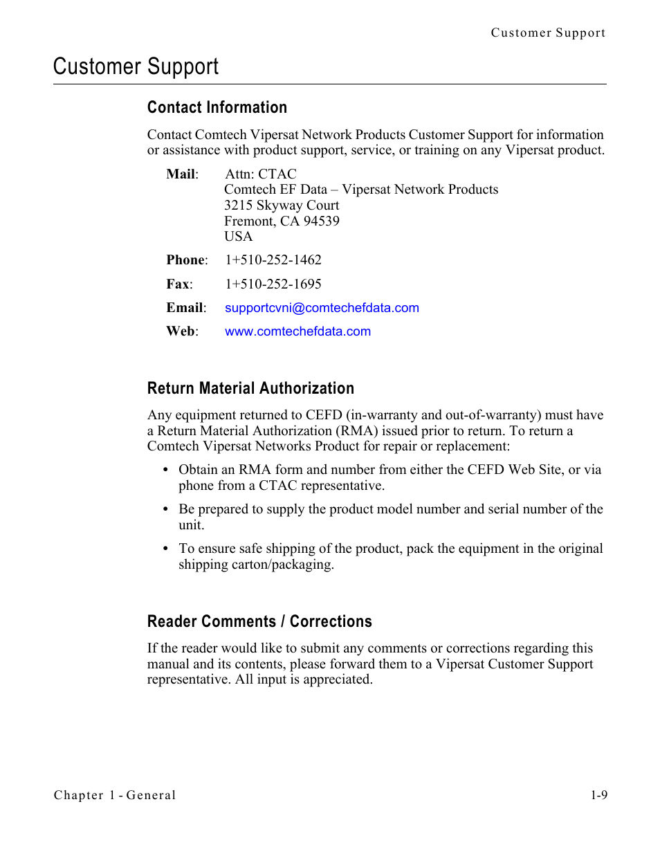 Customer support, Contact information, Return material authorization | Reader comments / corrections, Customer support -9 | Comtech EF Data SLM-5650A
 Vipersat User Manual | Page 23 / 154
