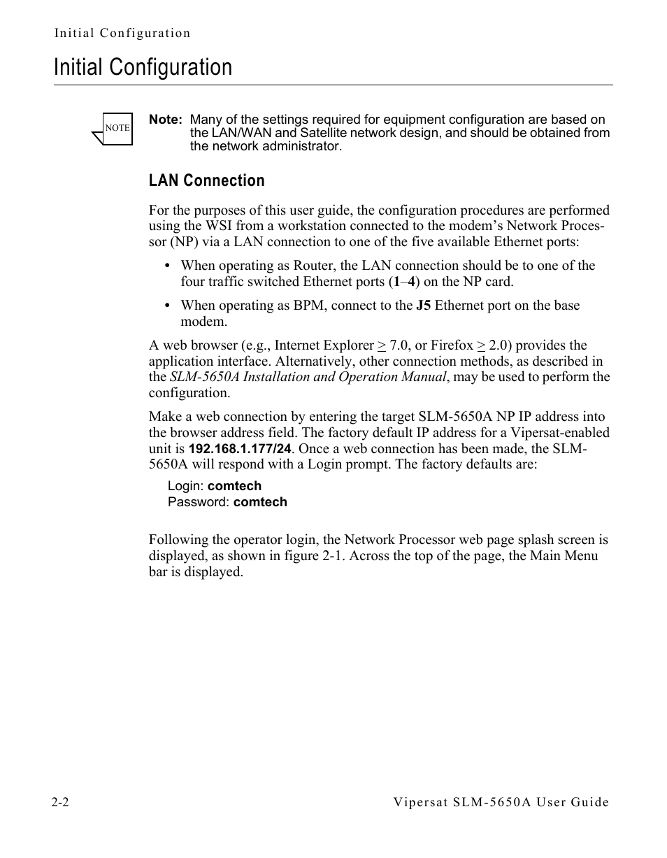 Initial configuration, Lan connection, Initial configuration -2 | Lan connection -2 | Comtech EF Data SLM-5650A
 Vipersat User Manual | Page 26 / 154