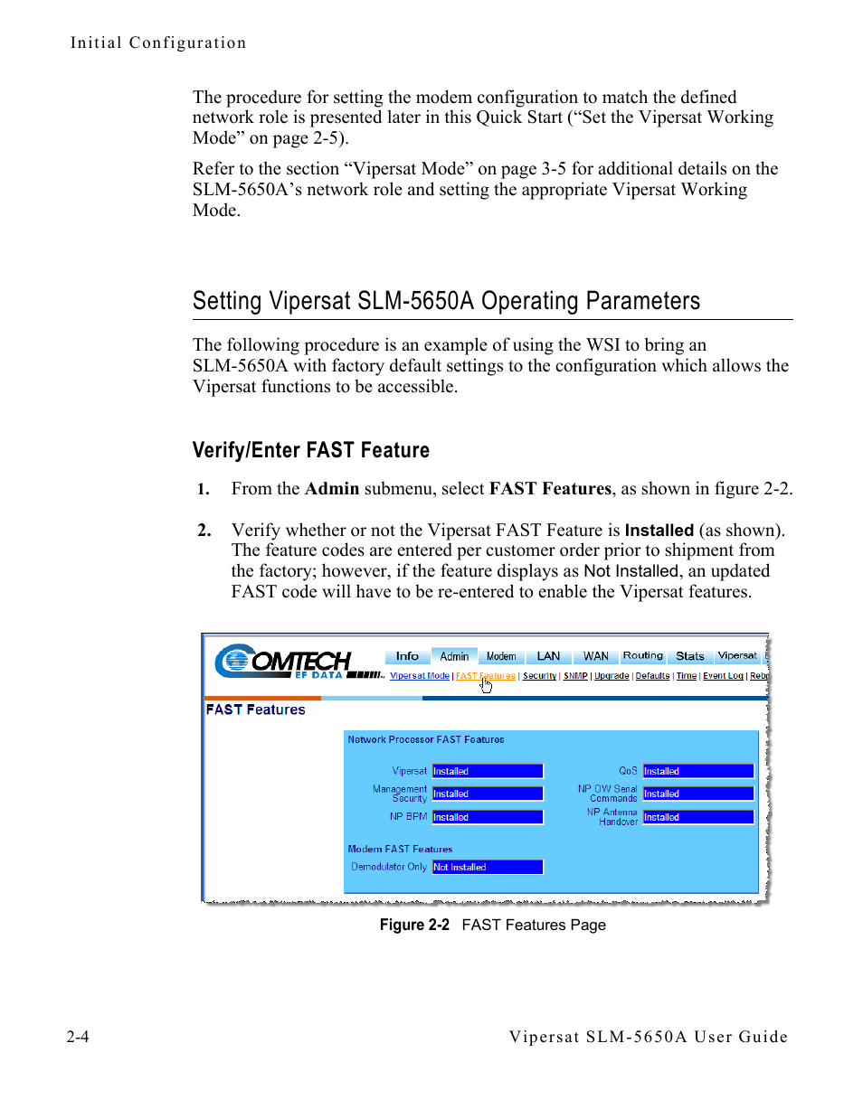 Setting vipersat slm-5650a operating parameters, Verify/enter fast feature, Setting vipersat slm-5650a operating | Parameters -4, Verify/enter fast feature -4 | Comtech EF Data SLM-5650A
 Vipersat User Manual | Page 28 / 154