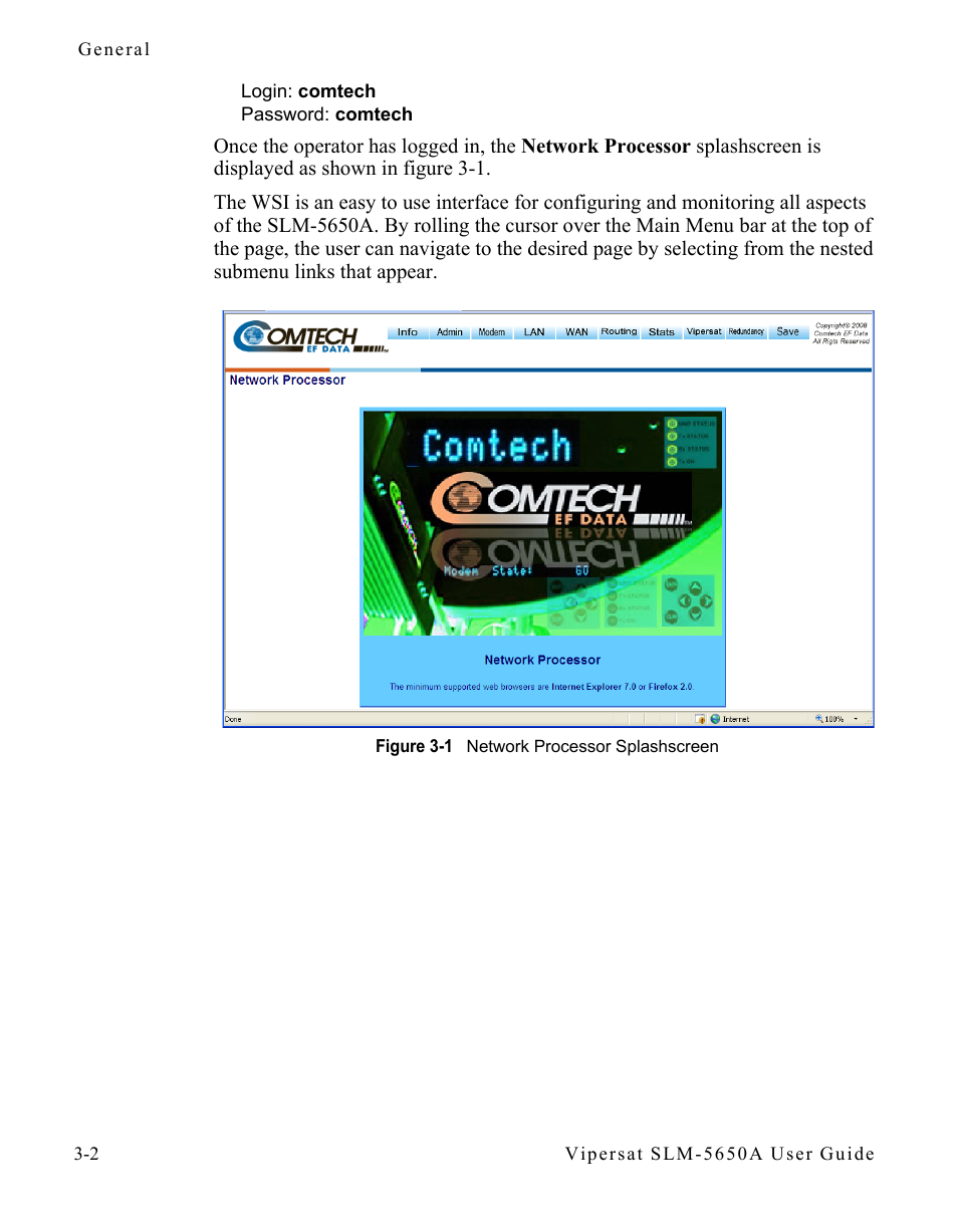 Figure 3-1 network processor splashscreen | Comtech EF Data SLM-5650A
 Vipersat User Manual | Page 42 / 154