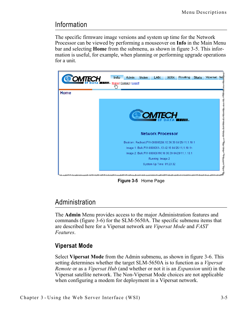 Information, Administration, Vipersat mode | Information -5 administration -5, Vipersat mode -5 | Comtech EF Data SLM-5650A
 Vipersat User Manual | Page 45 / 154
