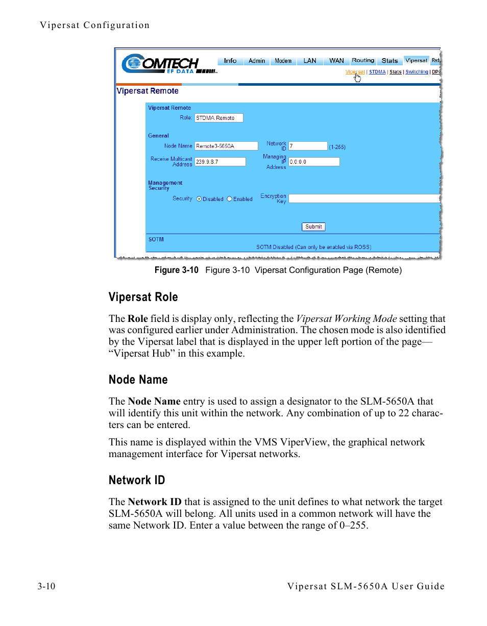 Vipersat role, Node name, Network id | Vipersat role -10 node name -10 network id -10, Figure 3-10 . figure 3-10 vipersat configuration | Comtech EF Data SLM-5650A
 Vipersat User Manual | Page 50 / 154