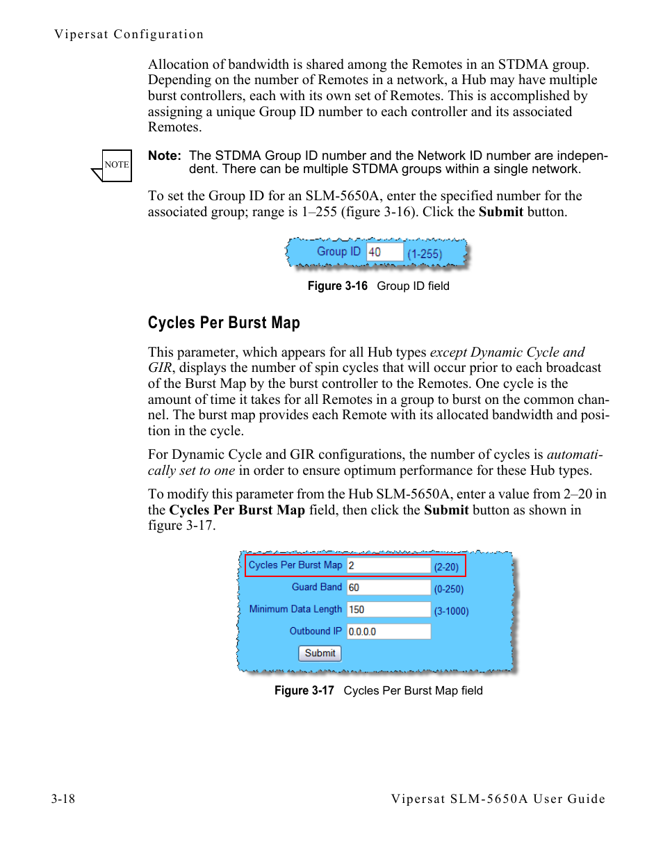 Cycles per burst map, Cycles per burst map -18, Figure 3-16 group id field | Figure 3-17 cycles per burst map field | Comtech EF Data SLM-5650A
 Vipersat User Manual | Page 58 / 154