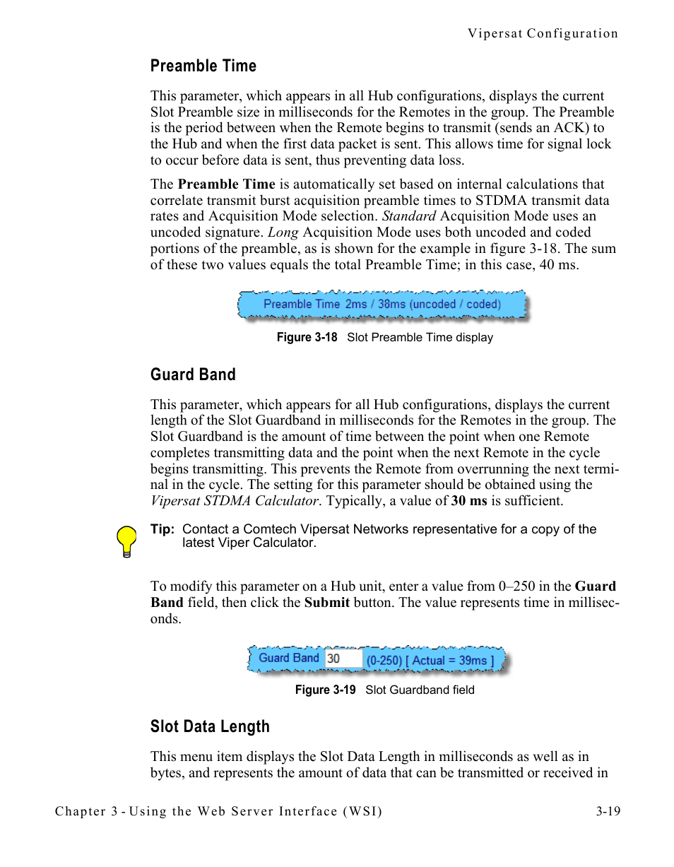 Preamble time, Guard band, Slot data length | Figure 3-18 slot preamble time display, Figure 3-19 slot guardband field | Comtech EF Data SLM-5650A
 Vipersat User Manual | Page 59 / 154