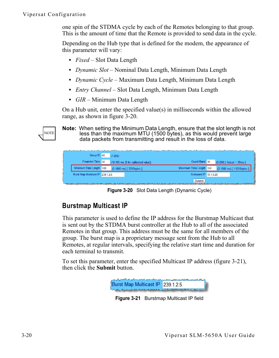 Burstmap multicast ip, Burstmap multicast ip -20, Figure 3-20 slot data length (dynamic cycle) | Figure 3-21 burstmap multicast ip field | Comtech EF Data SLM-5650A
 Vipersat User Manual | Page 60 / 154